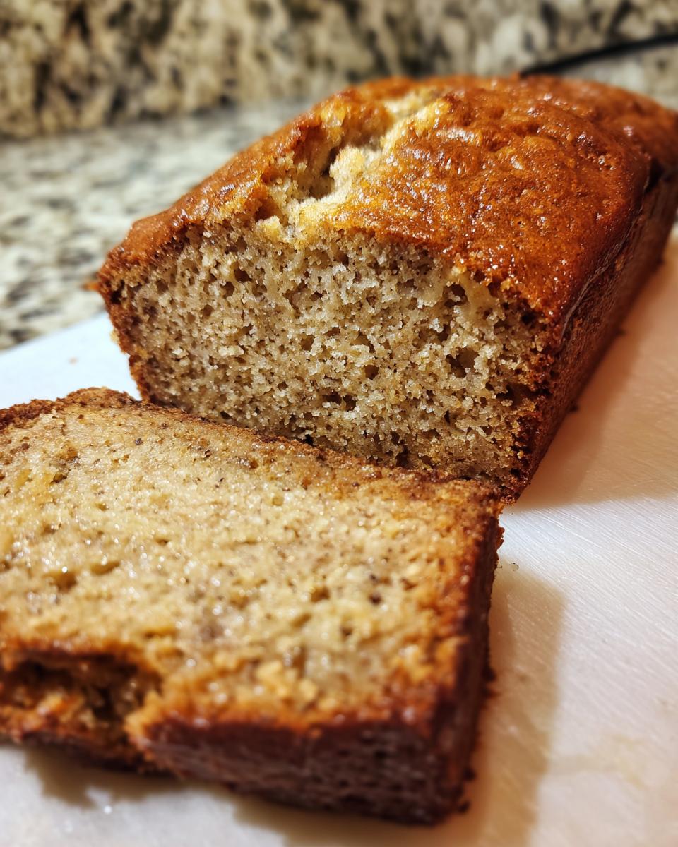 Close-up of a moist easy banana bread loaf with one slice cut, showing its tender crumb.