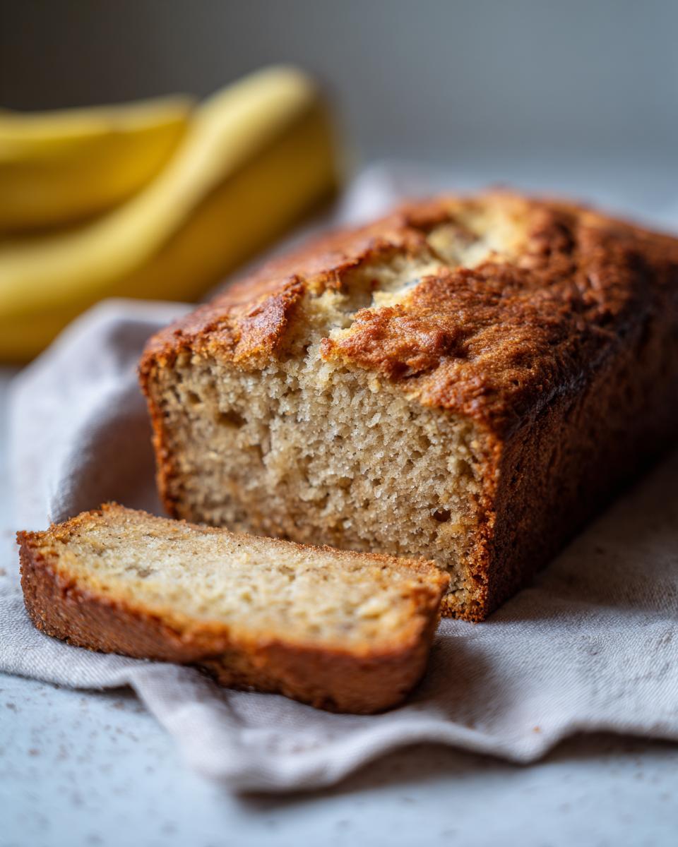 A close-up of an Easy Banana Bread loaf with one slice cut and placed in front, on a linen cloth.