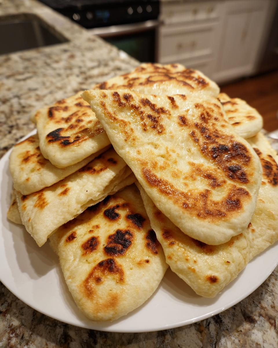 A stack of golden-brown, fluffy Easy Pita Bread with some char marks, served on a white plate.