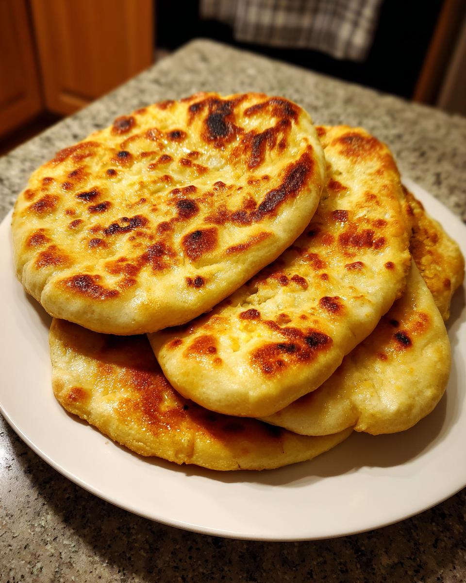 A stack of golden brown, slightly charred Easy Pita Bread puffs on a white plate.