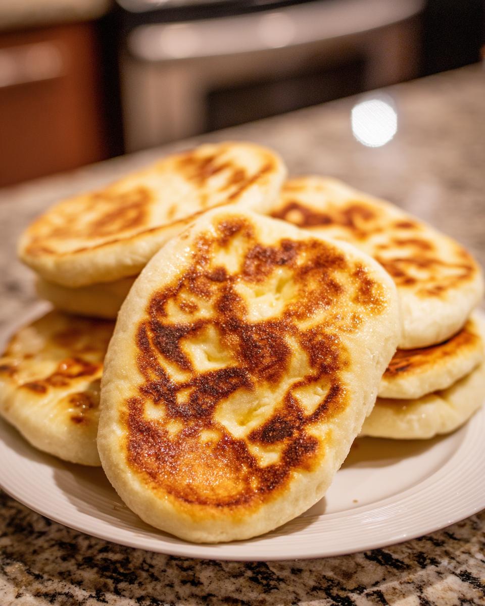 A stack of golden-brown, puffy Easy Pita Bread on a white plate, showcasing their soft texture and slightly charred surface.