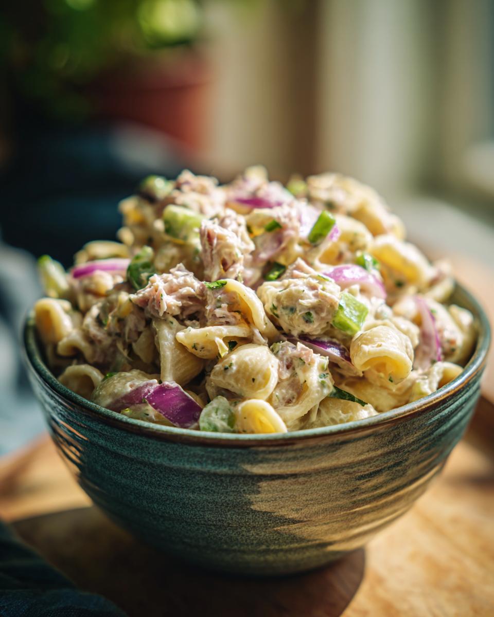 A close-up of a bowl filled with Easy Tuna Pasta Salad, featuring pasta shells, tuna, red onion, and celery in a creamy dressing.
