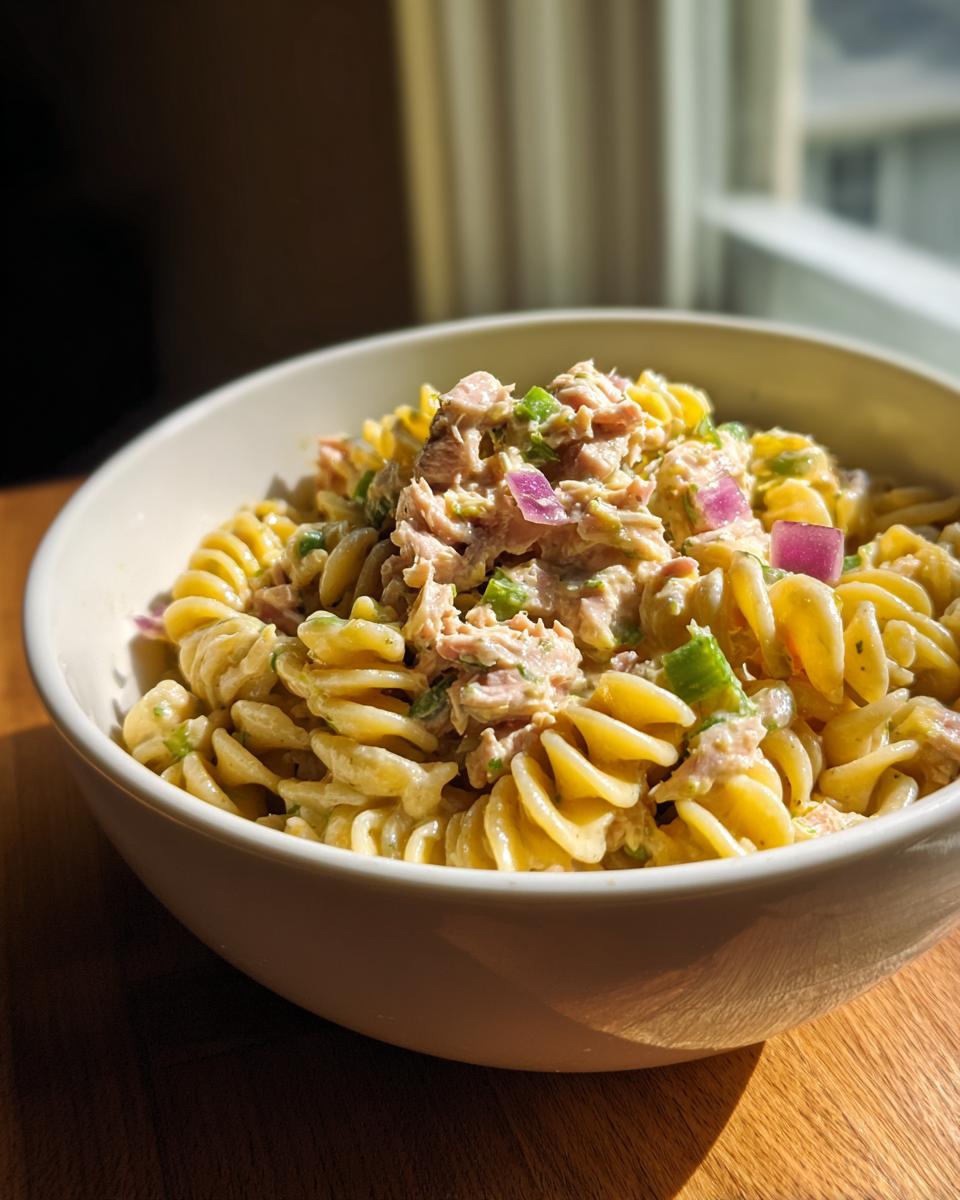 A close-up of a white bowl filled with creamy Easy Tuna Pasta Salad, featuring fusilli pasta, tuna, red onion, and green peppers.