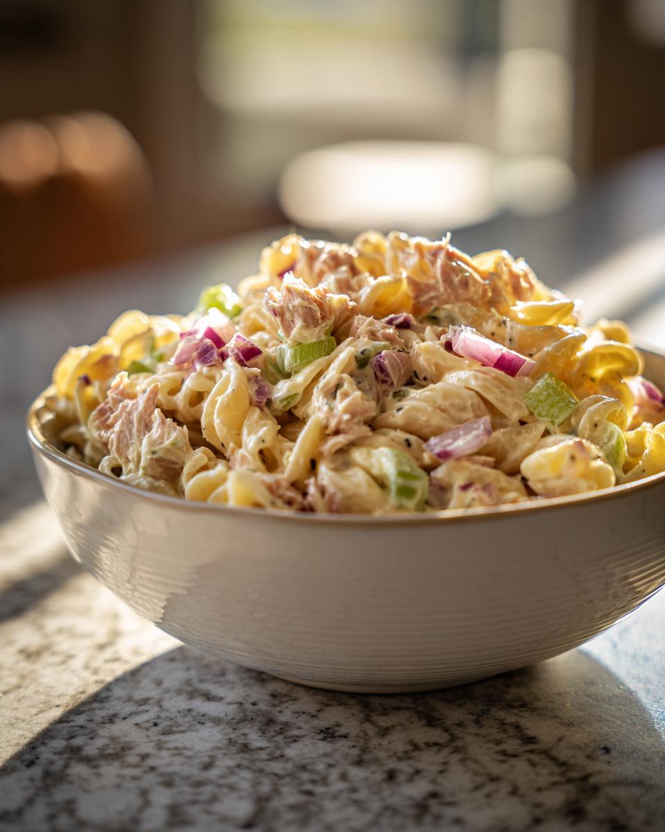 A bowl overflowing with Easy Tuna Pasta Salad, featuring rotini pasta, tuna, celery, and red onion in a creamy dressing.