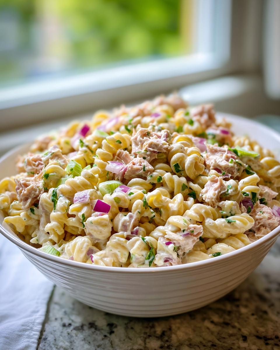 A large white bowl filled with creamy Easy Tuna Pasta Salad, featuring rotini pasta, tuna chunks, red onion, and celery.