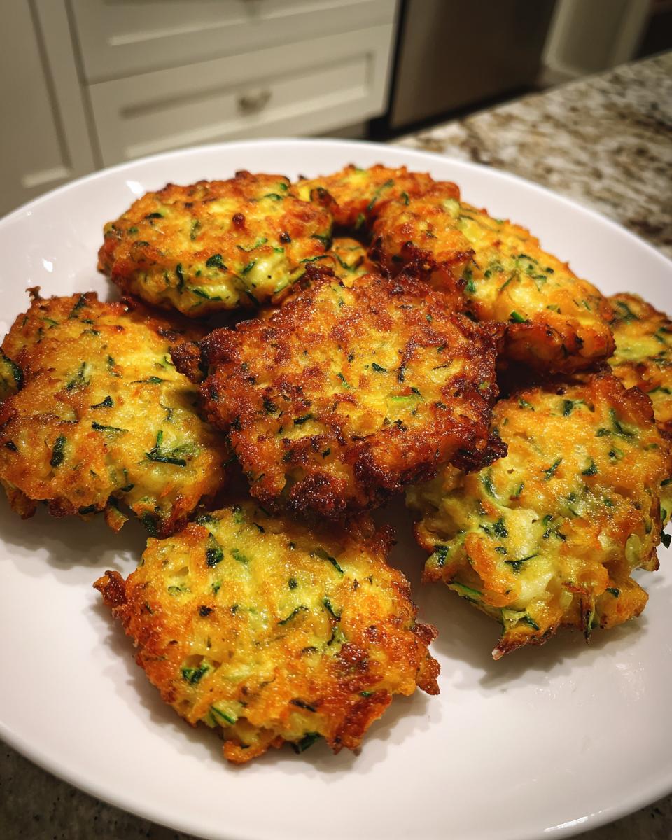 A pile of golden-brown, crispy Easy Zucchini Fritters served on a white plate.