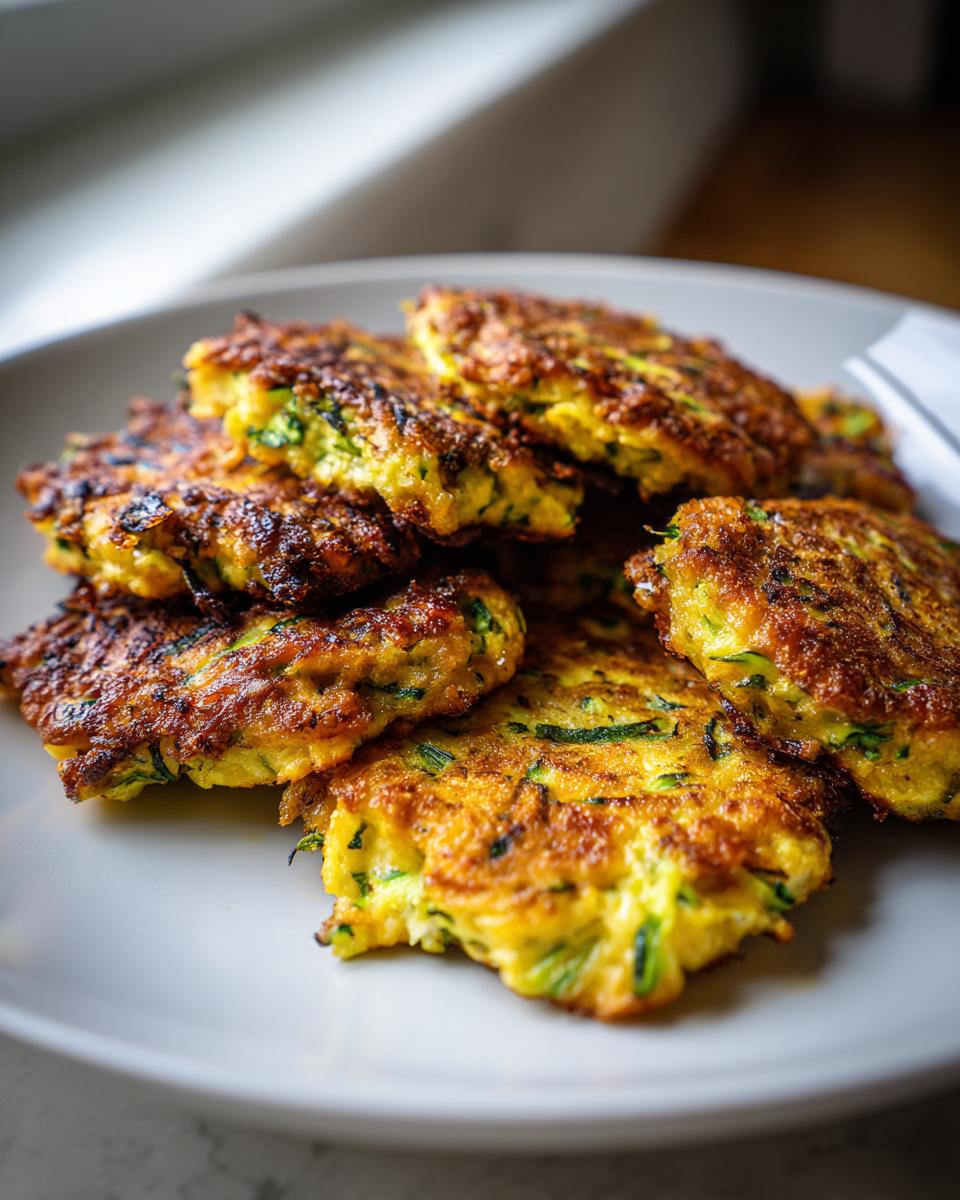 A close-up of a stack of golden-brown Easy Zucchini Fritters on a white plate, showcasing their crispy edges and green zucchini shreds.
