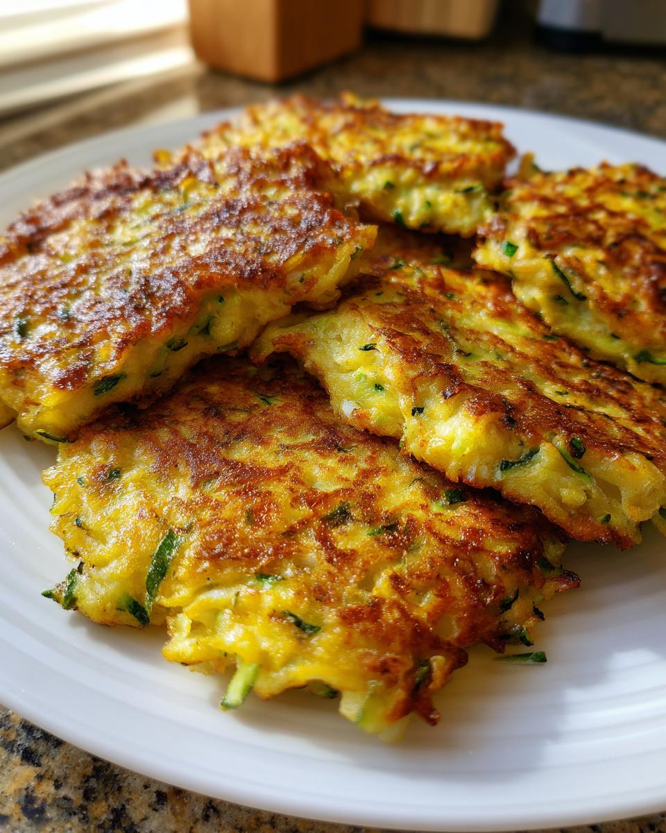 A close-up of golden-brown Easy Zucchini Fritters piled on a white plate, showcasing their crispy edges and shredded zucchini.