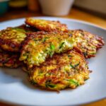 A stack of golden brown Easy Zucchini Fritters on a white plate, with one fritter broken open to show the shredded zucchini inside.