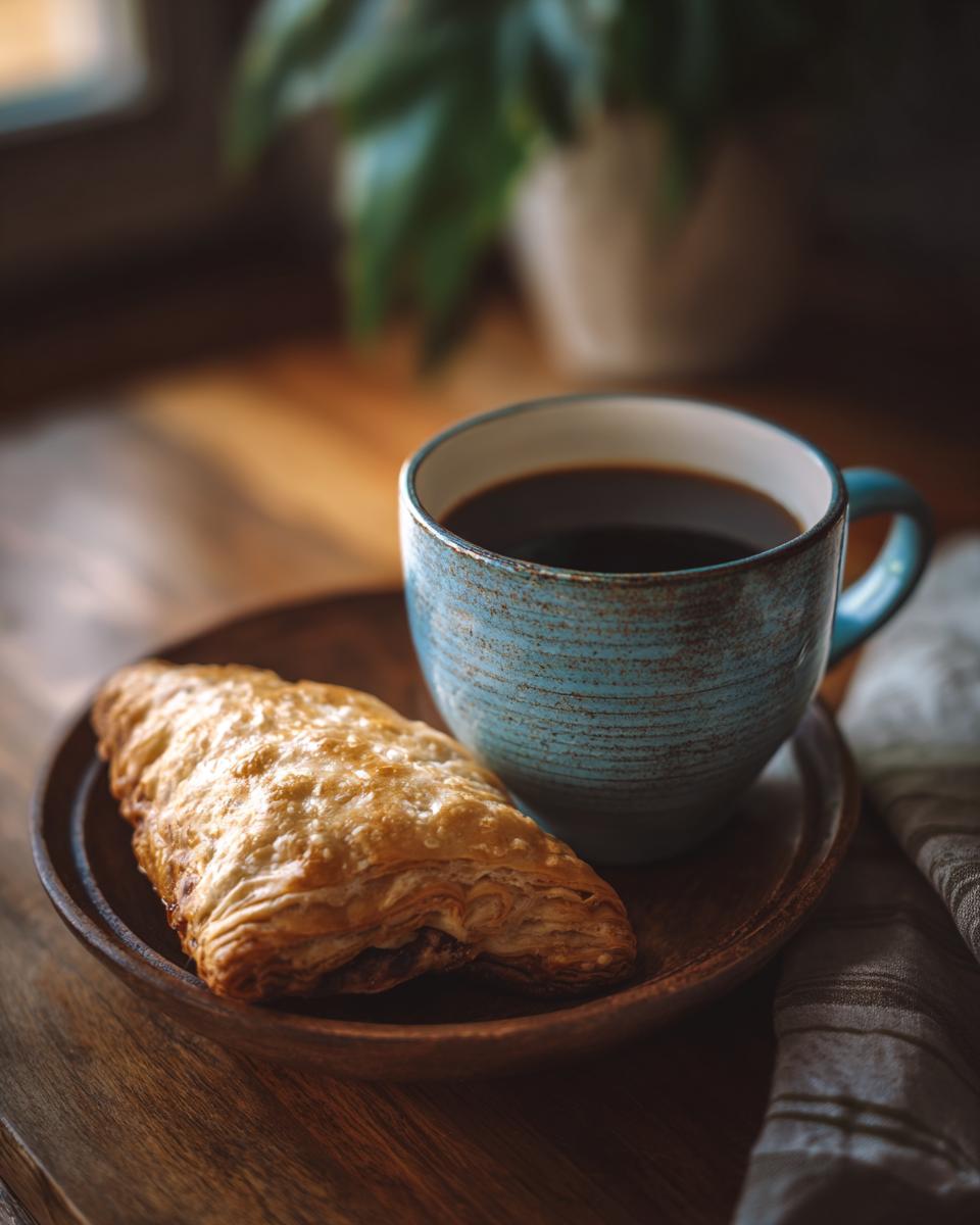 A flaky pastry sits next to a blue mug of coffee, perfect for Fathers Day brunch.