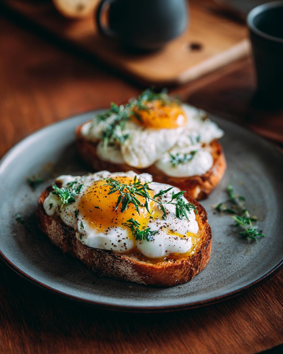 Two slices of fried egg toast with fresh herbs, a perfect Fathers Day brunch idea.