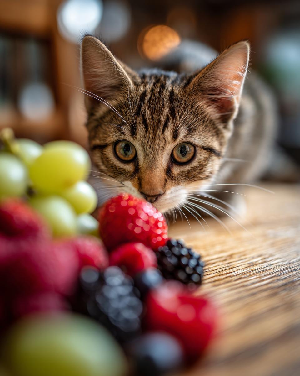 A curious tabby kitten peeking over a pile of fresh berries and grapes, perfect for Fathers Day brunch.