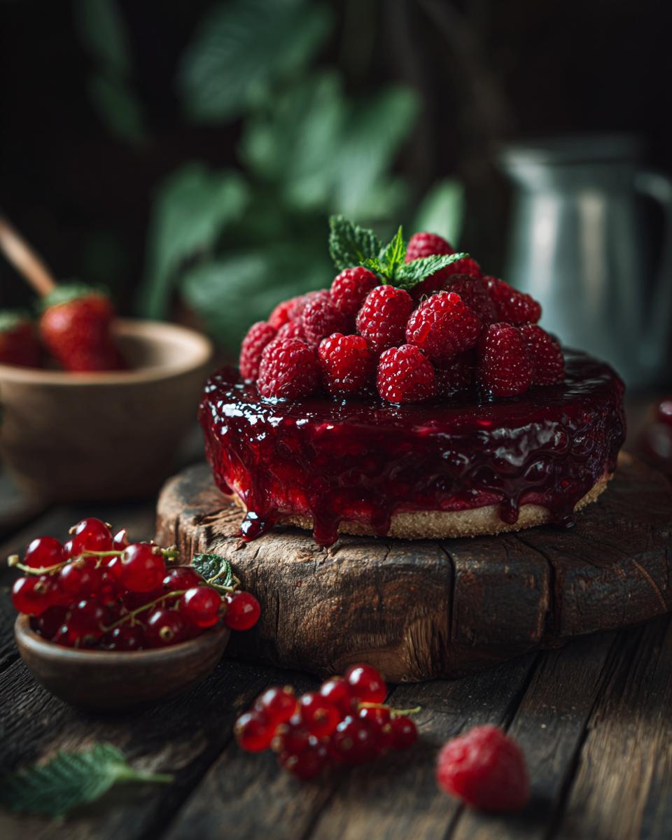 A small raspberry tart topped with fresh raspberries and mint, perfect for Fathers Day brunch.