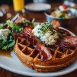 A golden waffle topped with a poached egg, crispy bacon, and microgreens, served with a side salad, part of Twenty Four Fathers Day Brunch Ideas.