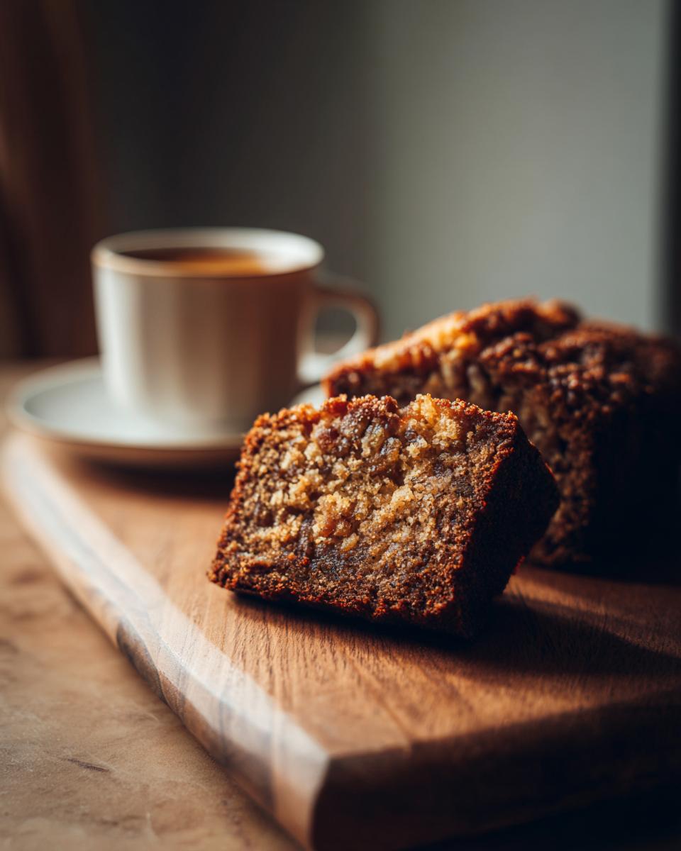 A slice of moist Fig Almond Tea Cake sits on a wooden board next to a cup of coffee.