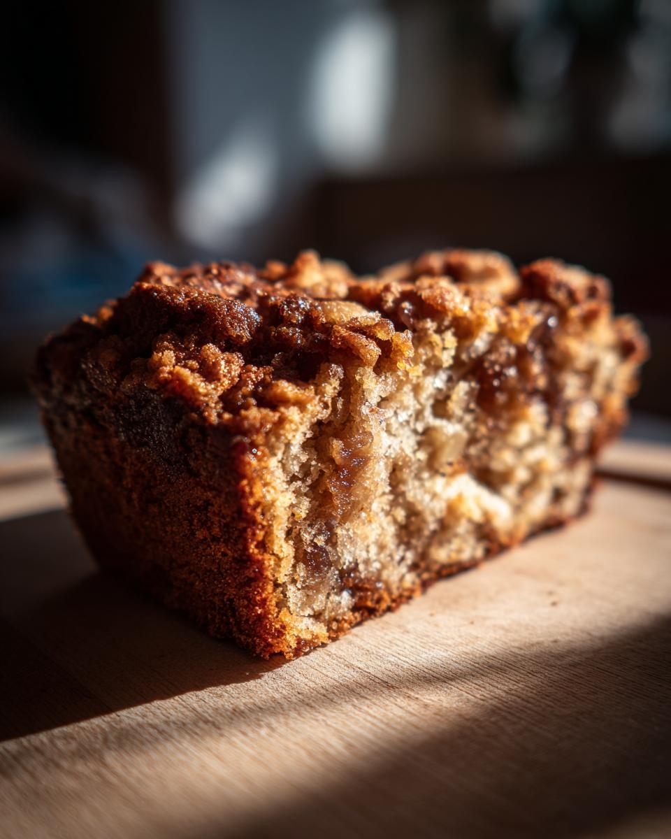 A close-up of a slice of Fig Almond Tea Cake with a crumbly topping, bathed in sunlight.
