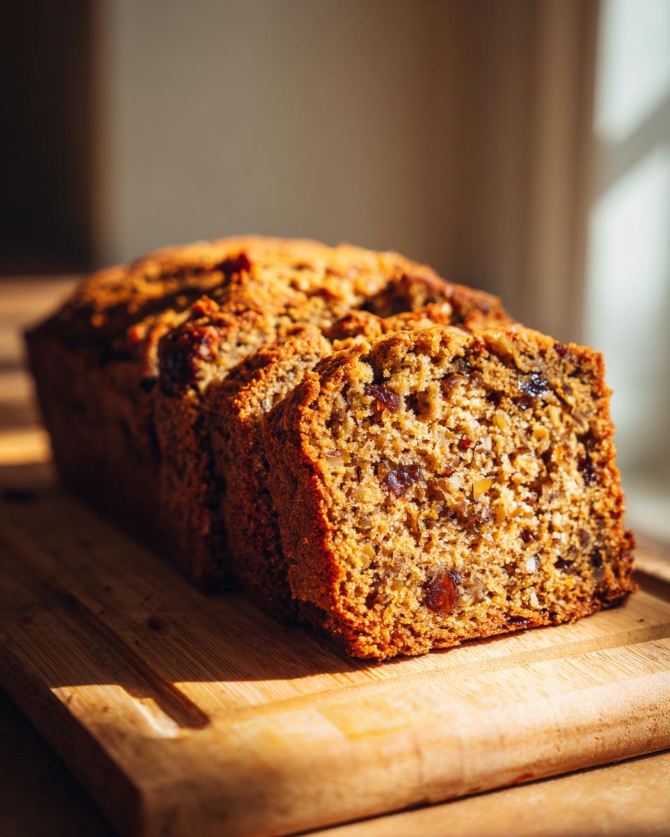 Close-up of sliced Fig Almond Tea Cake on a wooden board, showing texture and dried figs.