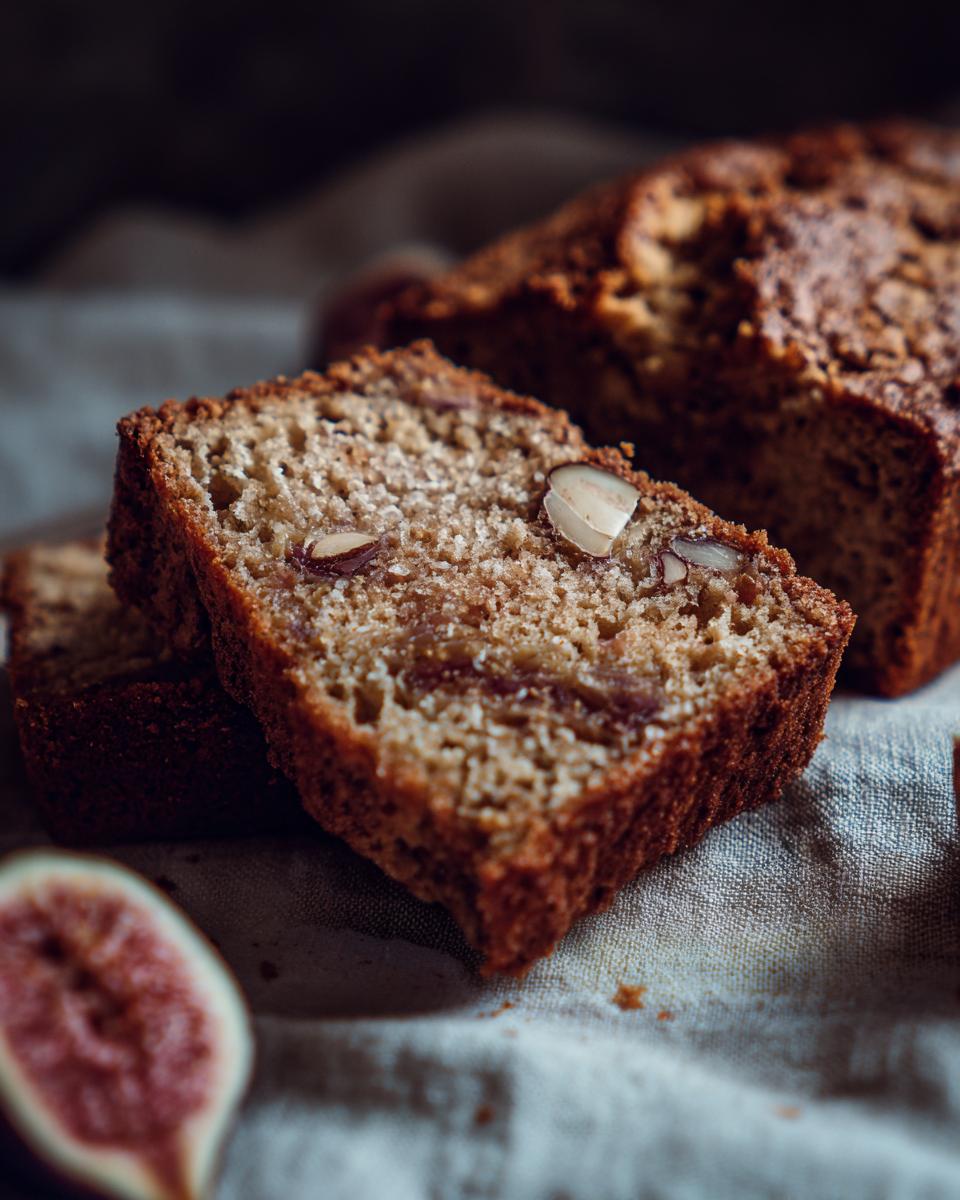 Close-up of sliced Fig Almond Tea Cake showing almonds and fig pieces within the crumb.