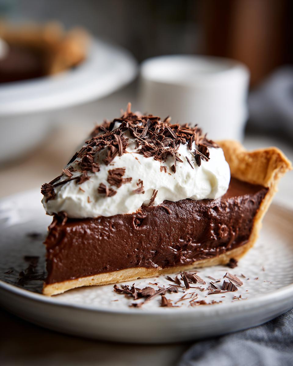A decadent slice of French Silk Chocolate Pie topped with whipped cream and chocolate shavings.