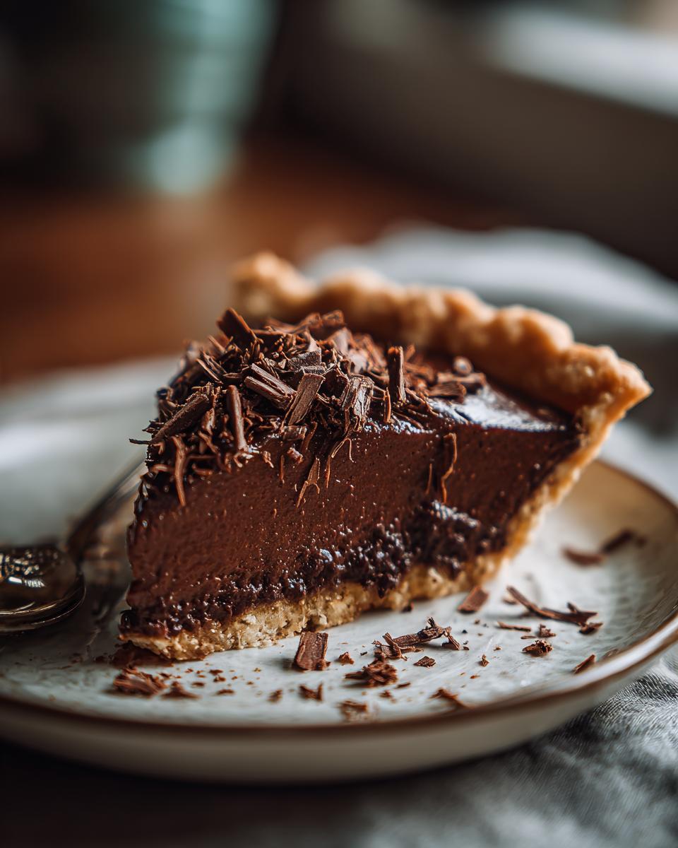 A rich slice of French Silk Chocolate Pie, topped with chocolate shavings, on a decorative plate.