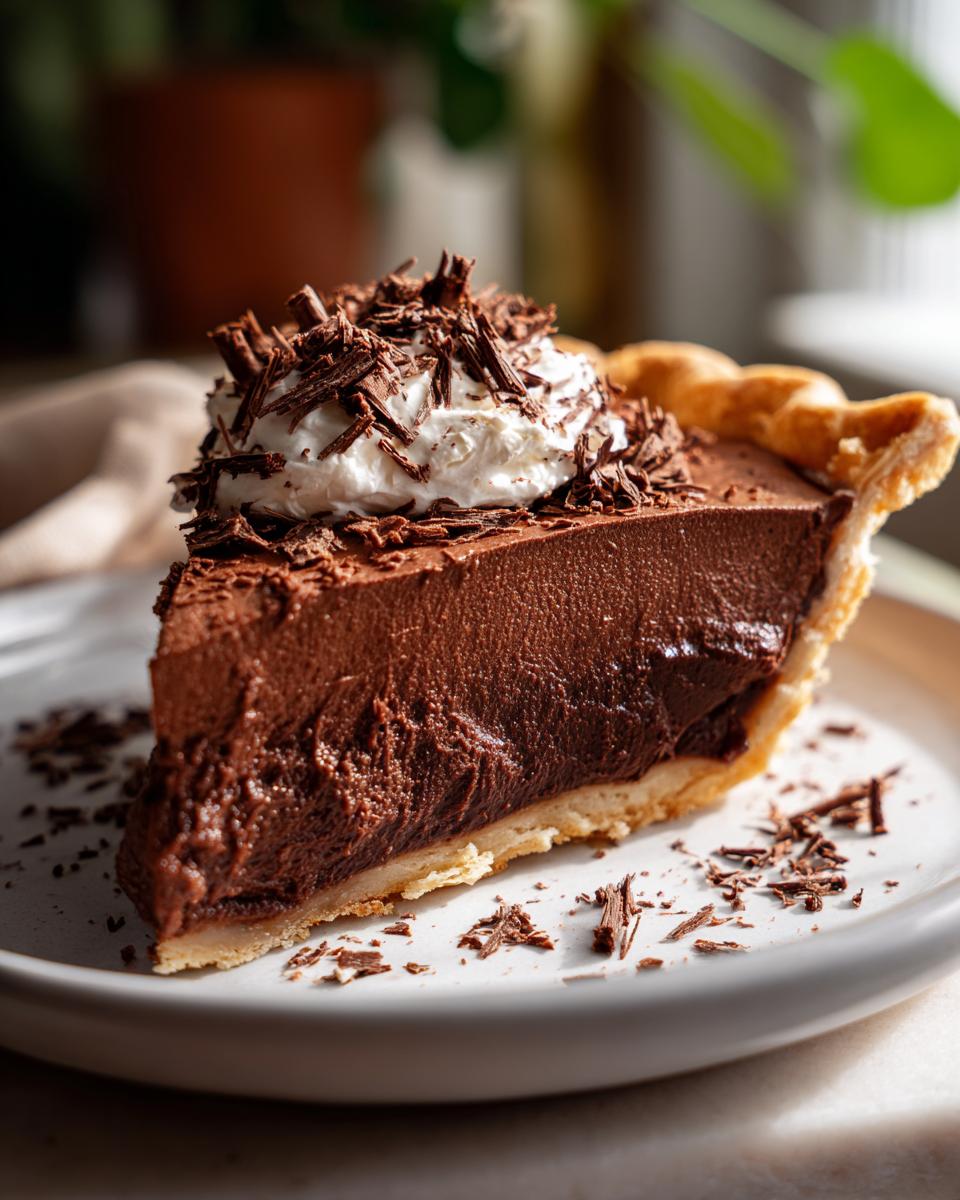 A rich slice of French Silk Chocolate Pie topped with whipped cream and chocolate shavings.
