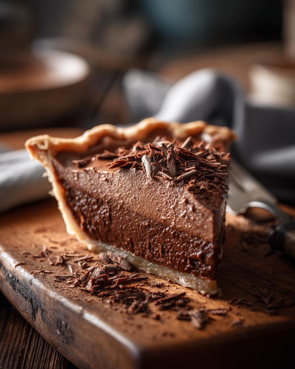 A rich slice of French Silk Chocolate Pie, topped with chocolate shavings, on a wooden board.