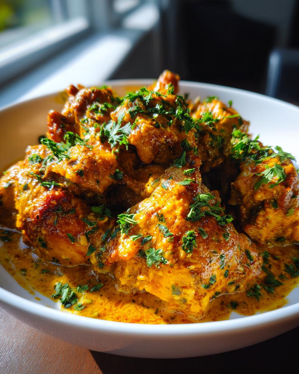 A close-up of tender Garlic Butter Chicken pieces coated in a rich, creamy sauce and garnished with fresh parsley.