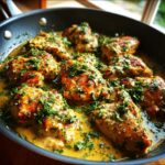 Close-up of juicy Garlic Butter Chicken pieces simmering in a rich, golden sauce, generously sprinkled with fresh parsley.