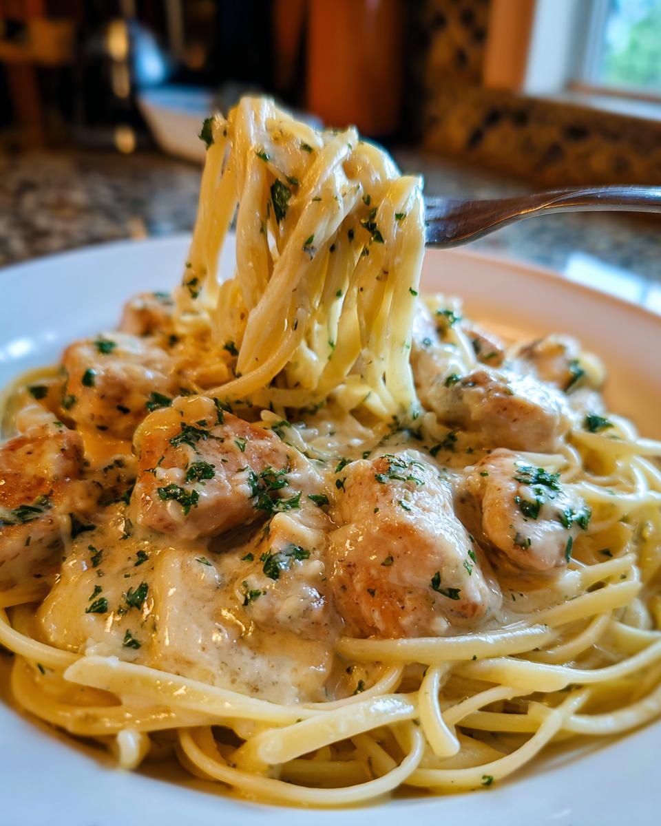 A fork twirls linguine pasta coated in creamy garlic butter sauce, mixed with tender pieces of chicken and fresh parsley.