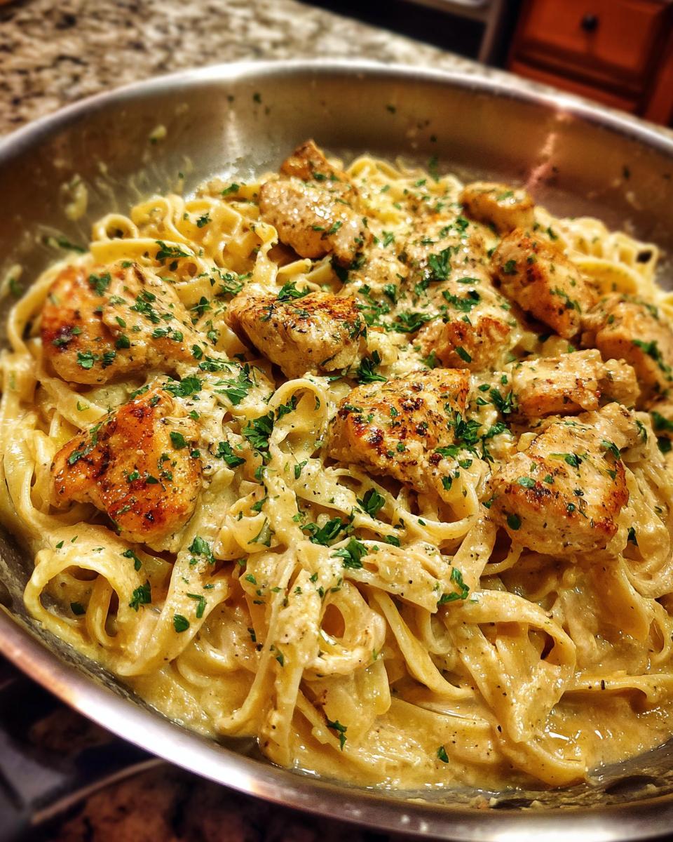 A close-up of Garlic Butter Chicken Pasta in a stainless steel skillet, garnished with parsley.