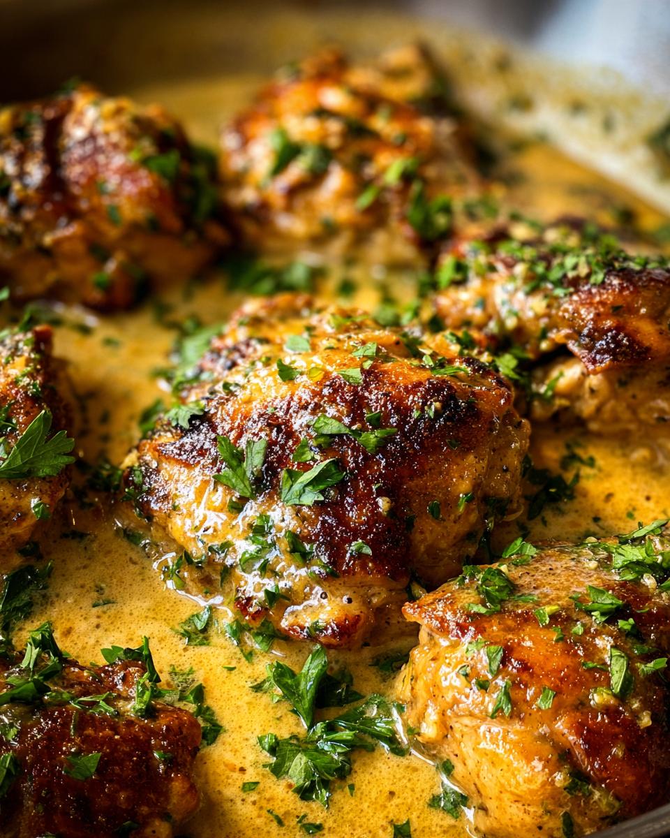 Close-up of pan-seared Garlic Butter Chicken pieces in a creamy sauce, garnished with fresh parsley.