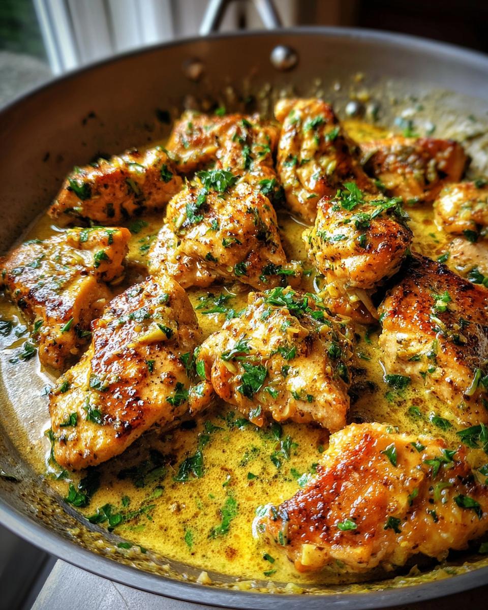 Close-up of juicy Garlic Butter Chicken pieces simmering in a rich, golden sauce with fresh parsley in a skillet.