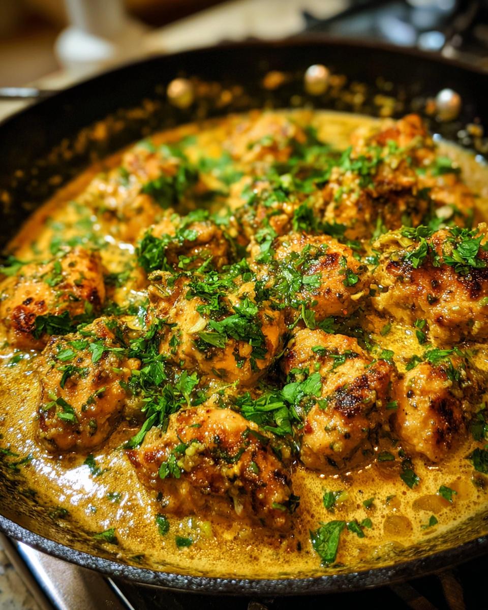 Close-up of tender Garlic Butter Chicken pieces simmering in a rich, creamy sauce and garnished with fresh parsley.