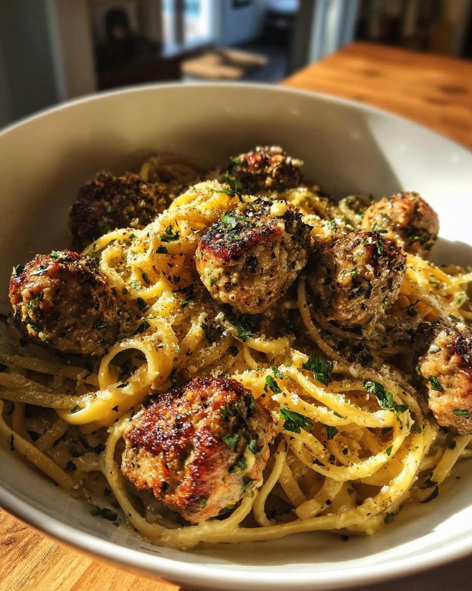 A close-up of a bowl of Garlic Butter Meatball Pasta, featuring golden pasta, browned meatballs, and fresh parsley.