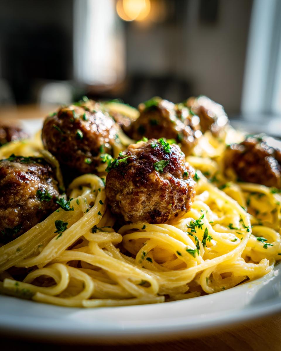 A close-up of Garlic Butter Meatball Pasta, featuring tender meatballs nestled in creamy spaghetti, garnished with fresh parsley.