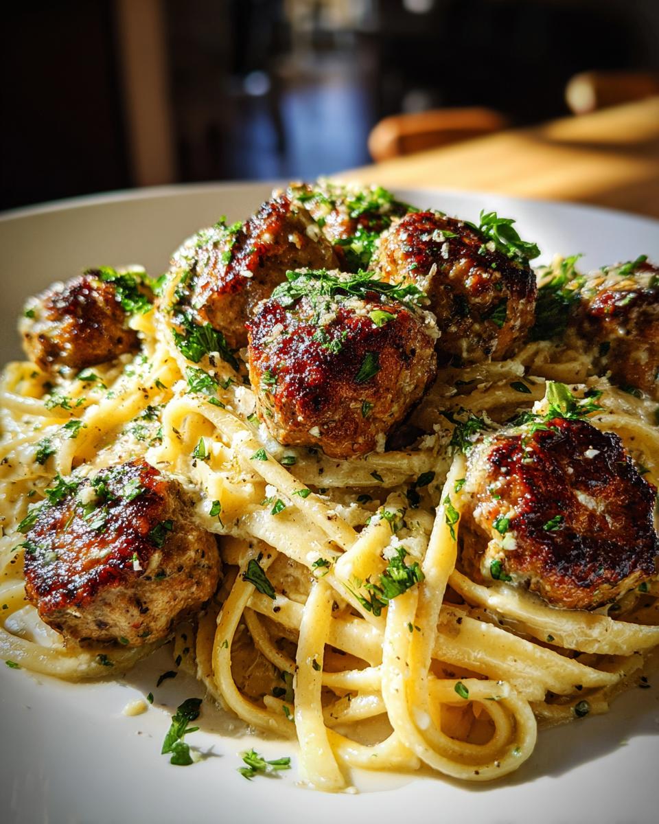 A close-up shot of delicious Garlic Butter Meatball Pasta, featuring golden-brown meatballs and creamy pasta topped with fresh parsley.