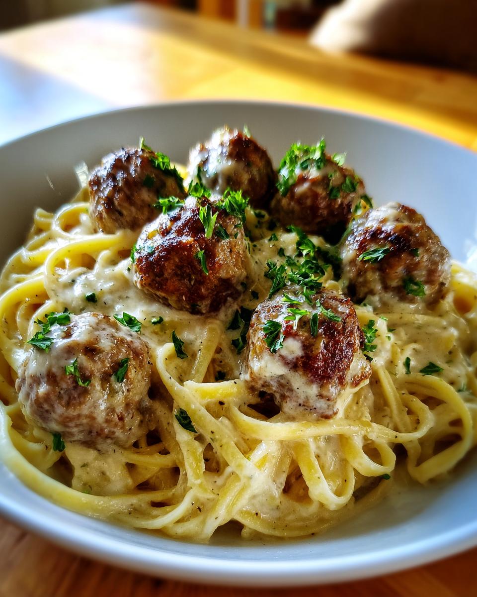 A close-up of Garlic Butter Meatball Pasta topped with fresh parsley.