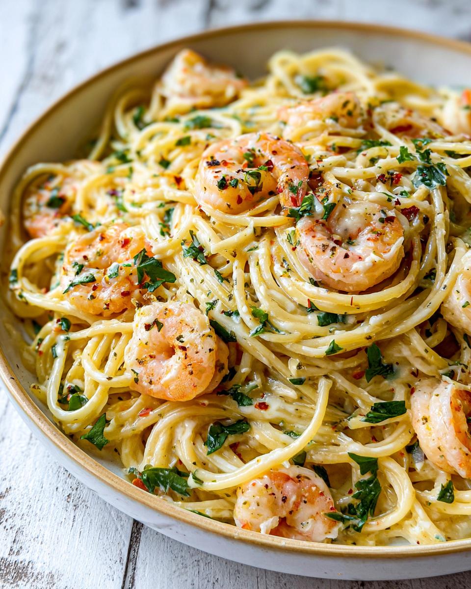 A close-up of a bowl filled with Garlic Butter Shrimp Pasta, featuring plump shrimp and fresh parsley.