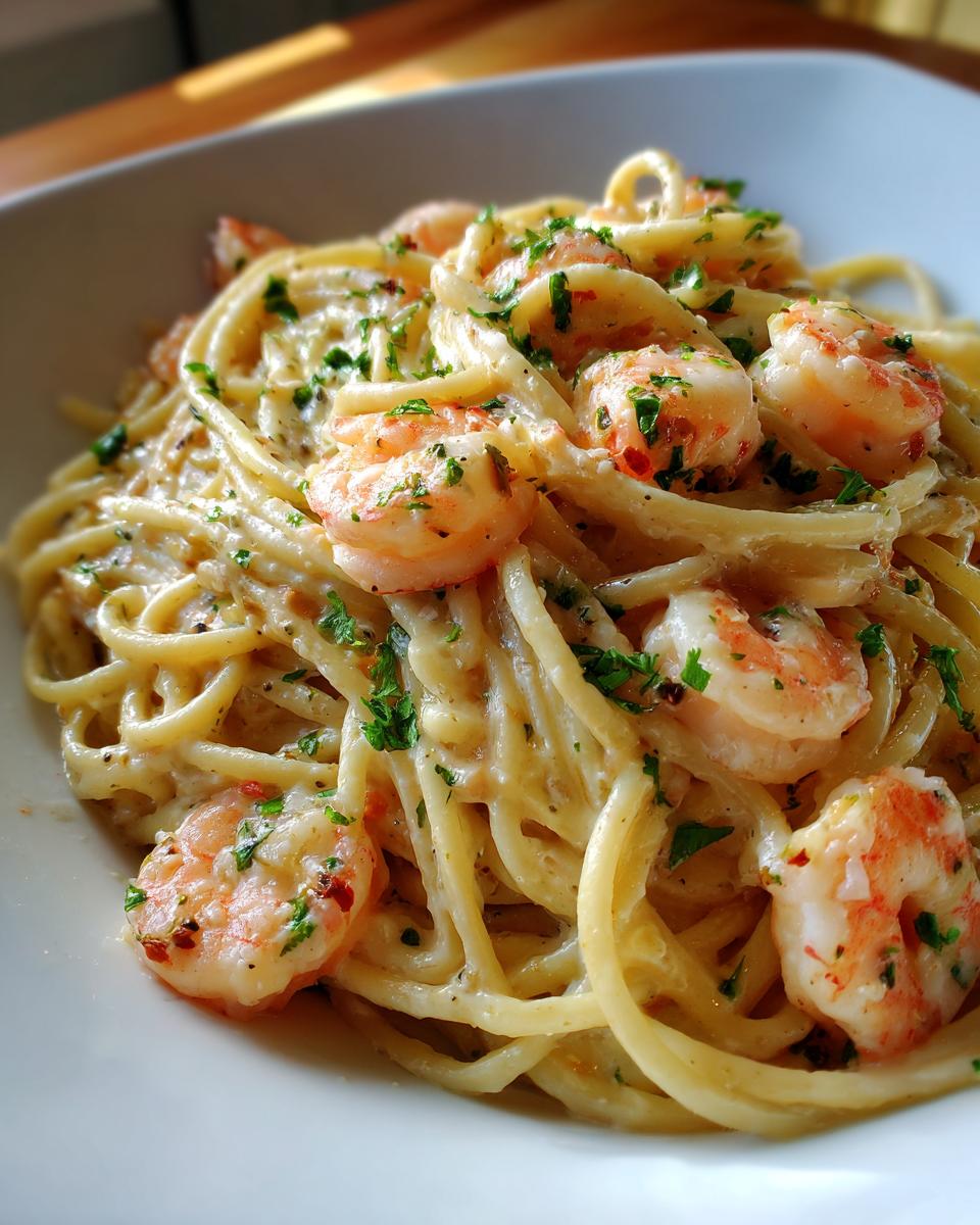 A close-up of Garlic Butter Shrimp Pasta, featuring tender shrimp coated in a creamy sauce and sprinkled with fresh parsley.