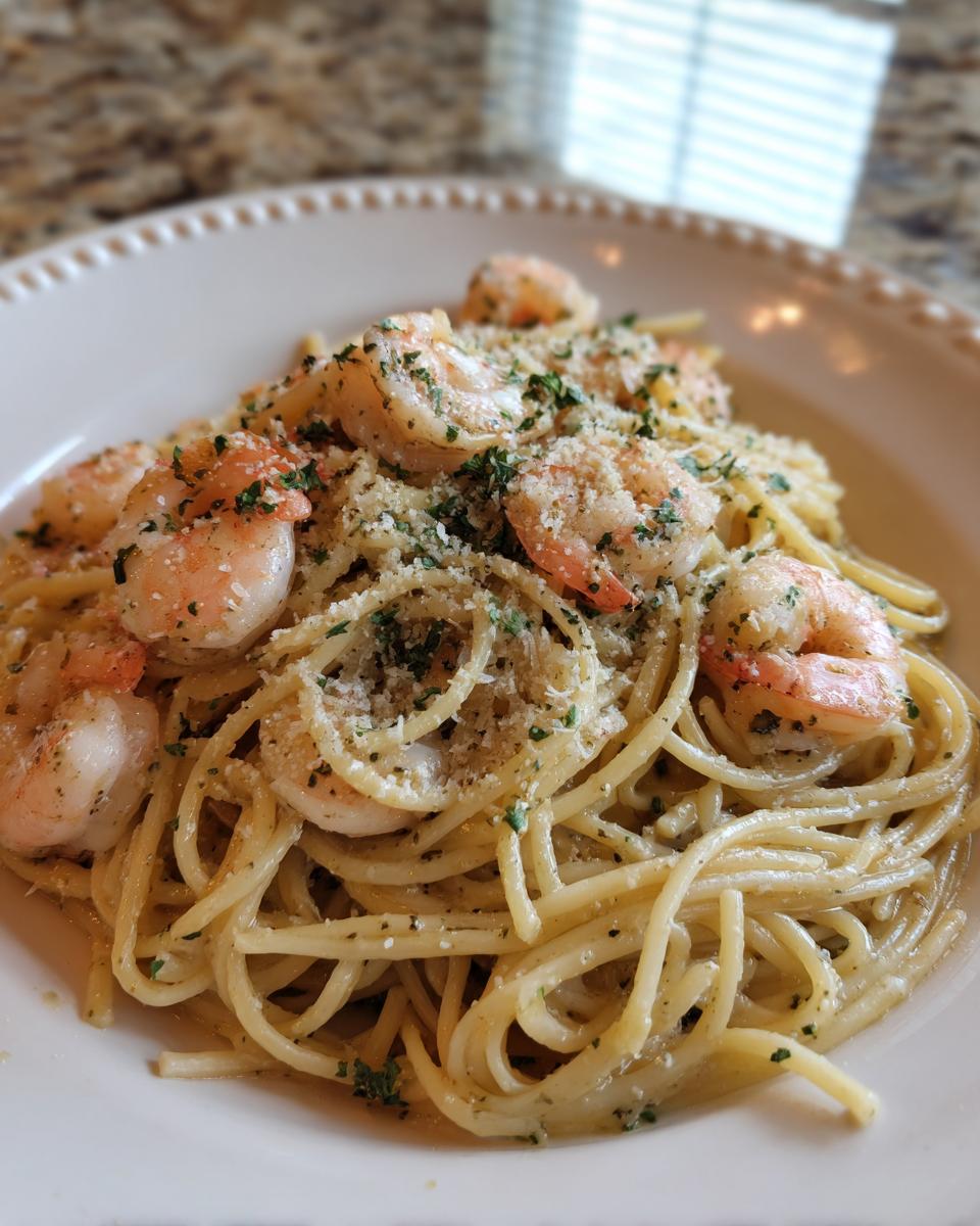 A close-up of a plate of Garlic Butter Shrimp Pasta, topped with fresh parsley and grated Parmesan cheese.