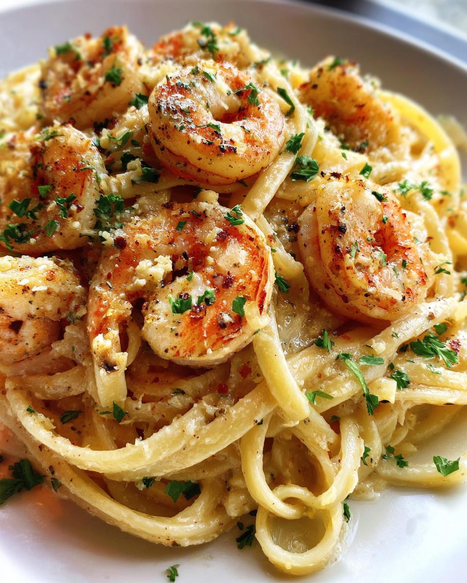 Close-up of delicious Garlic Butter Shrimp Pasta, featuring plump shrimp and fettuccine noodles coated in creamy sauce and parsley.