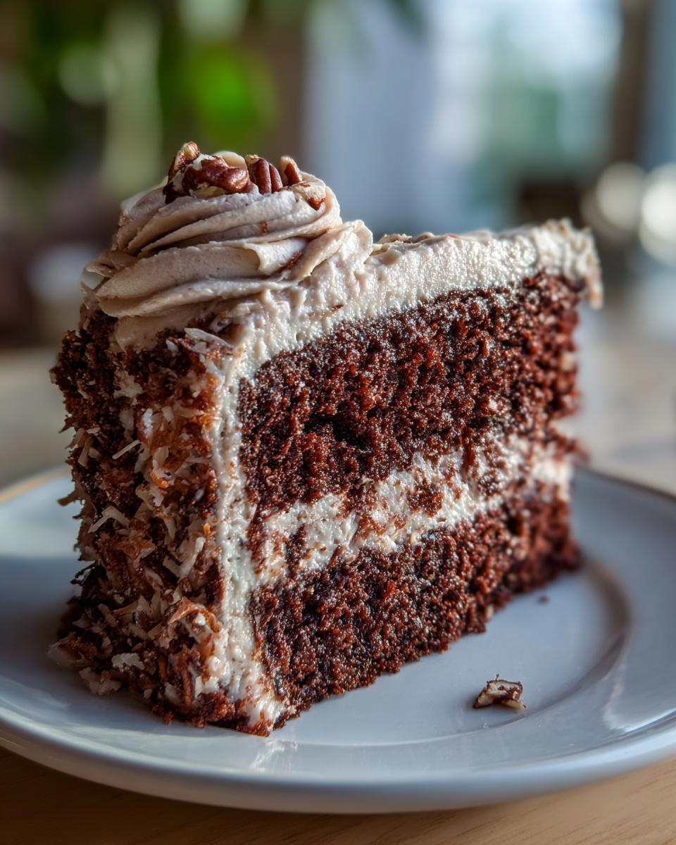 A decadent slice of German Chocolate Cake with rich chocolate layers, creamy frosting, and toasted coconut and pecans.