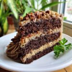 A decadent slice of German Chocolate Cake with layers of rich chocolate cake and coconut-pecan frosting.