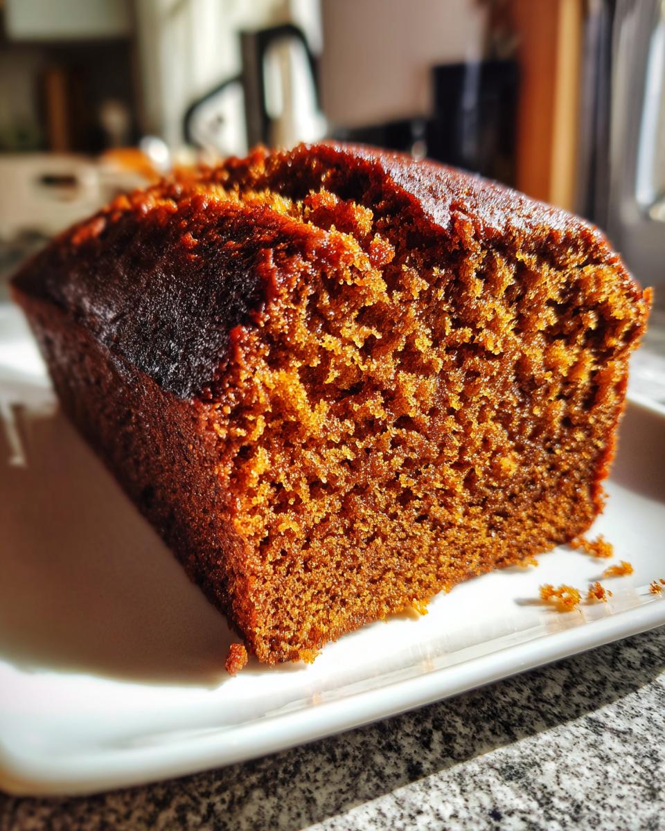 Close-up of a moist slice of Ginger Molasses Cake on a white plate, showcasing its rich texture and dark crumb.
