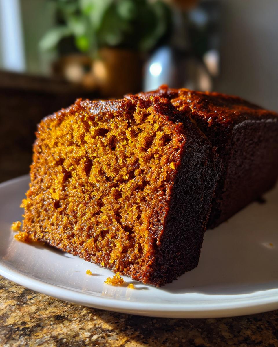 A close-up of a slice of moist Ginger Molasses Cake on a white plate, showcasing its rich texture and deep color.