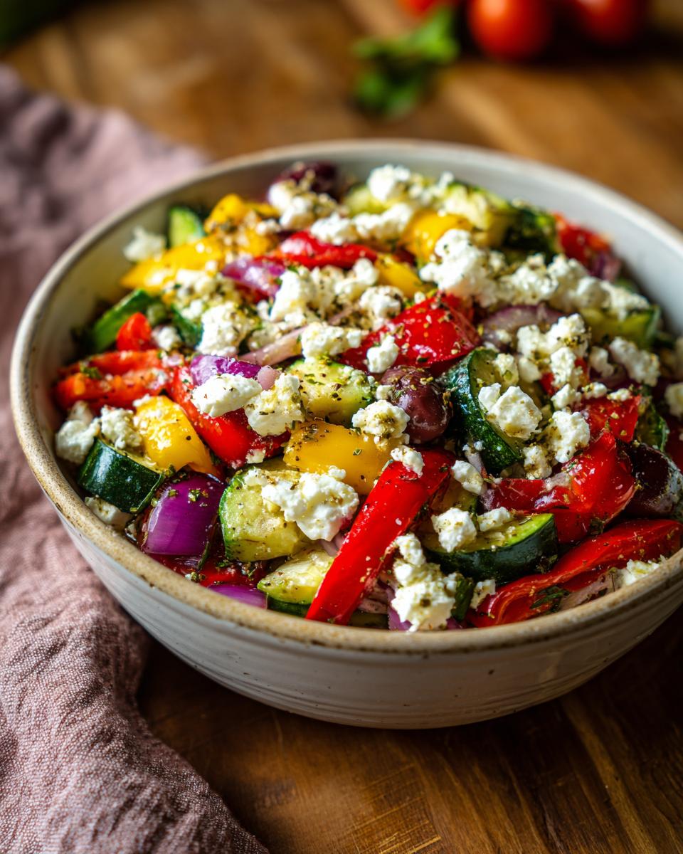 A vibrant bowl of Greek Pasta Salad, packed with colorful bell peppers, zucchini, red onion, olives, and crumbled feta cheese.