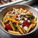 A close-up of a bowl of Greek pasta salad with penne pasta, cherry tomatoes, bell peppers, and crumbled feta cheese.