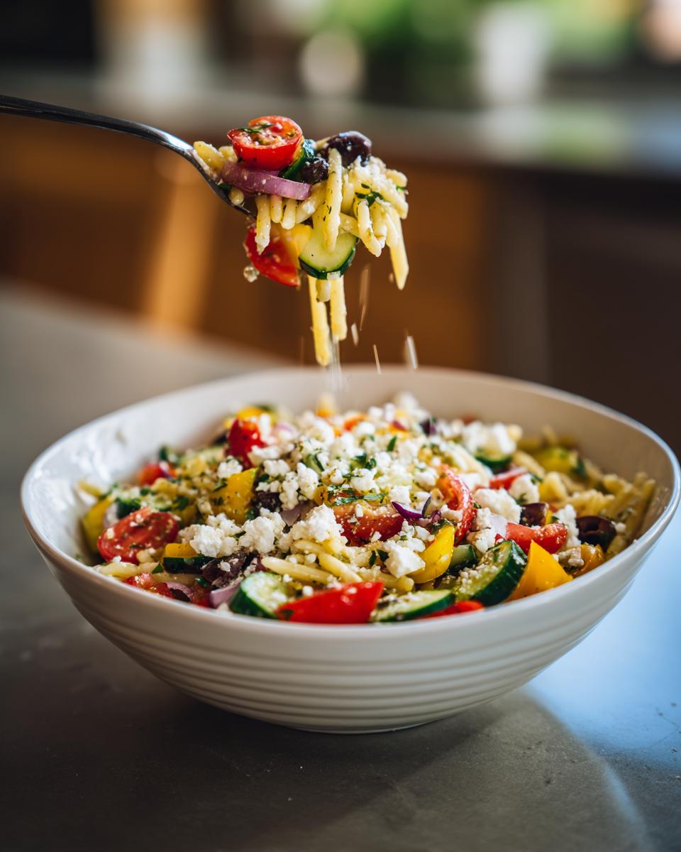 A fork lifts a portion of vibrant Greek Pasta Salad, showcasing tomatoes, olives, cucumber, and feta cheese.