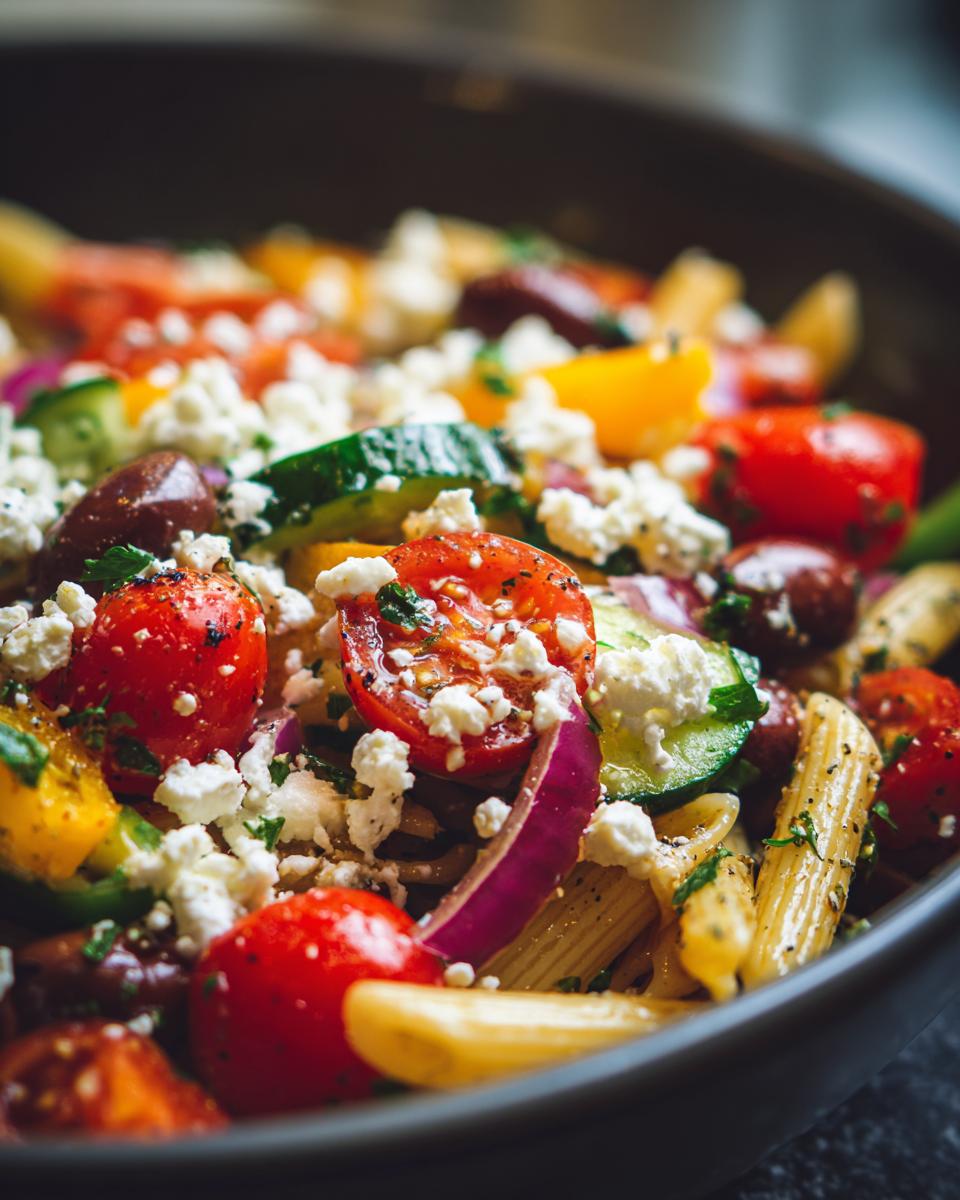 Close-up of a vibrant Greek Pasta Salad with penne pasta, cherry tomatoes, cucumber, red onion, olives, and feta cheese.