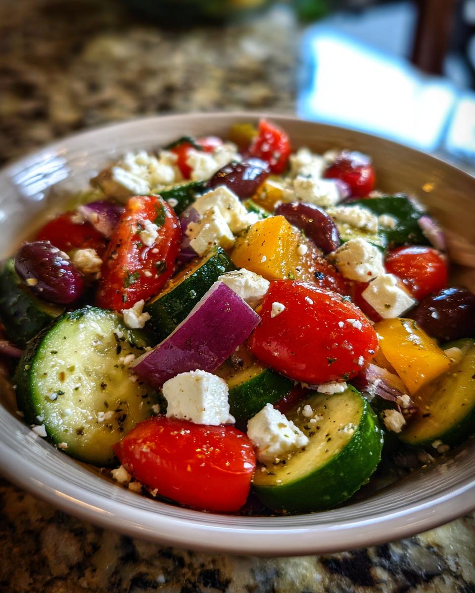 A close-up of a vibrant Greek Pasta Salad with cherry tomatoes, cucumbers, red onion, olives, and feta cheese.